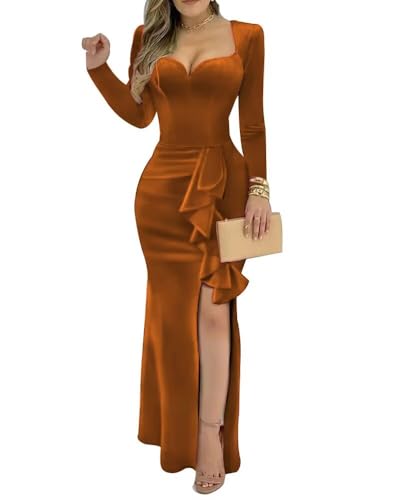 YUAOHUANG Velvet Formal Dress 2025 Long Sleeve Mermaid Formal Gown with Ruffle Hem High-Slit Bodycon for Cocktail Party