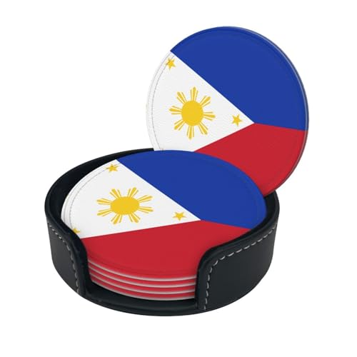 Cute Philippines Flag Coasters Set 6 Pcs with Holder, Coasters for Drinks,Coffee Coasters, Suitable for Kinds of Cups