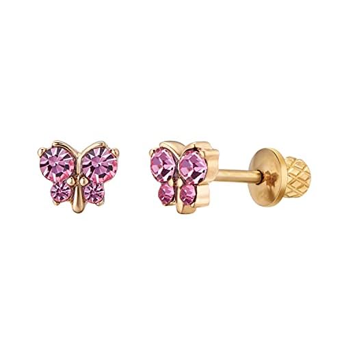 Earrings For Girls, 18k Gold Plated Butterfly Hypoallergenic Earrings for Girls, Stud Screw On Safety Backs, Stainless Steel Ultra Sensitive Ears Post For Kids, Toddlers, Little Girls, Teens (B: Pink)