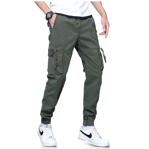 Dynamics LLC Mens Cargo Joggers–Slim Fit Flex Work Pants with Belt Loops Elastic Waist Zipper Pockets Drawstring Waist (US, Waist, 32, Regular, Green)