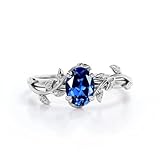 DONGHU 10K 14K 18K Gold 1ct Oval Vine Sapphire Rings Lab Created Sapphire Leaf Rings for Women Leaf Design Engagement Rings Best Gift for Christmas Anniversary Birthday