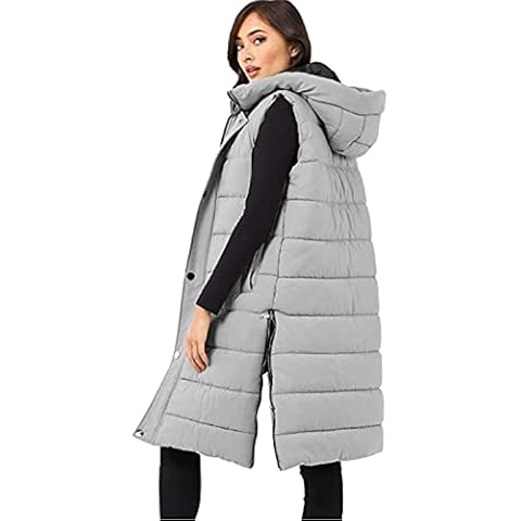 H&F Women's Ladies Long Quilted Gilet Jacket Longline Sleeveless Thick Hooded Side Zip Down Lightweight Ladies Long Coat Bodywarmer Outdoor Gilet Padded Waistcoat Size S-3XL (Grey, XL) Cover