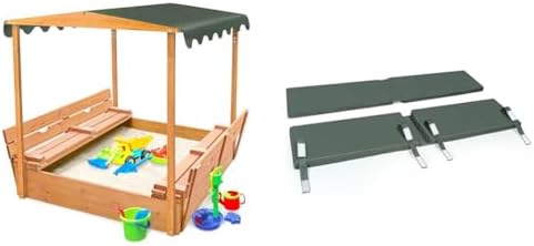 Badger Basket Convertible Wooden Sandbox with Canopy and Seat Cushions – Outdoor Sand Pit with Folding Seats & Built-in Cover – Backyard Playset for Kids, Weather-Resistant Wood Design – Dark Green