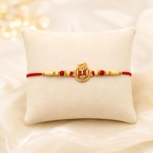 Image of Oblivion Rakhi Set for Brother - Designer Om Rakhi for Brother with Silver Colour Pooja Thali, Pooja Coin, Roli Chawal & Card | Gift Hamper for Raksha Bandhan