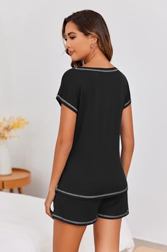 Image of Ekouaer Womens Pajama Sets 2 Piece Soft Short Sleeve Top and Shorts Sleepwear Round Neck Pjs Lounge Set with Pockets