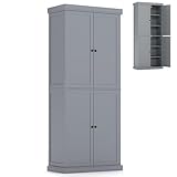 COSTWAY 184cm Tall Kitchen Cupboard, 6 Tiers Buffet Pantry Storage Cabinet with 4 Doors, Adjustable Shelves & Anti-tipping Device, Freestanding Sideboard Organizer for Dining Room (4 Doors, Grey)
