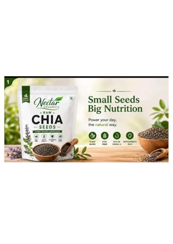 Image of Nector Organics Chia Seeds 500g - Dirt & Stone Free Premium Chia Seeds | 30 days pack | High Fibre & Plant Protein | Helps with Weight Management | Good for Summer Hydration | Super Seeds for Smoothies.