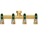 Yayamz Garden Hose Splitter, 3/4” Rust and Freeze Resistant Outdoor Hose Manifold with 4 green Extra Long Handles Faucet Adapter-Heavy Duty Brass 4-Way Valve