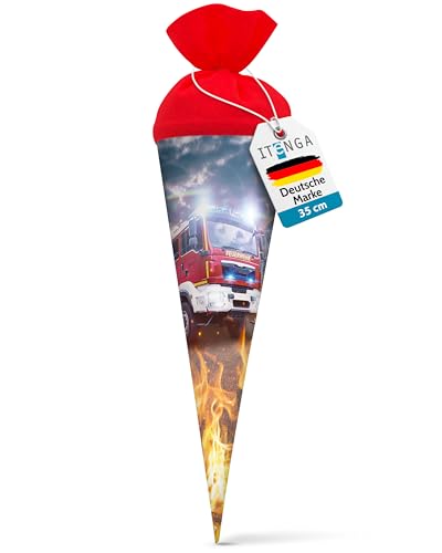 itenga Geschwister Schultüte Feuerwehr Zuckertüte mit Filzverschluss - Feuerwehrauto und Feuer - Schule Einschulung Schulanfang 35cm