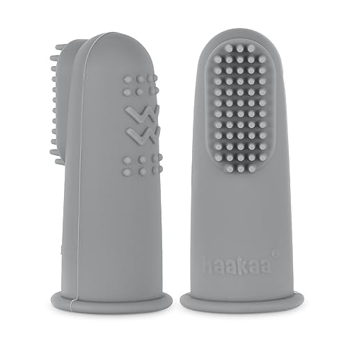 Image of haakaa Baby Toothbrush Teether, Silicone Baby First Toothbrush for Babies Pain Relief, Oral Care for Babies, Infants, Toddlers, Kids Teething, Soft Food Grade Silicone, 0 Months+, 2 Pack, SUVA Grey