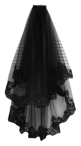 KanDuo Velo da Sposa Nero, Velo Corto in Pizzo con Pettine, Velo da cattedrale, Accessorio da Sposa