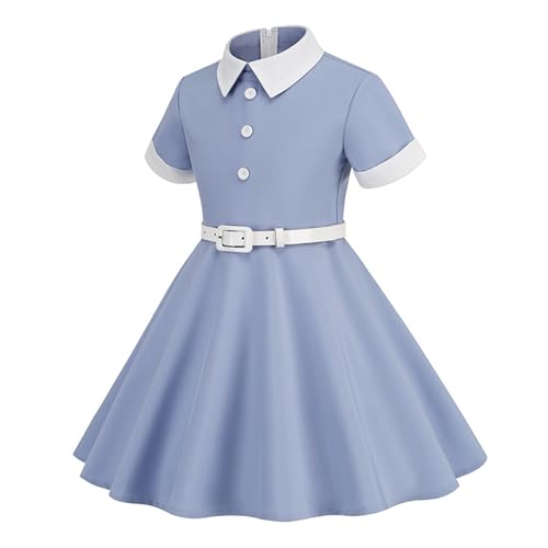 Girls P𝐞ter Pan Collar Dress Casual Short Sleeve Swing Dresses School 𝗨niform Dresses Summer Skater Dress