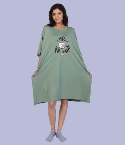 Image of LAMA STORE Women's Printed Oversized T-Shirt Dress, Cotton, 3 /4 Sleeve Length, Casual Loose Fit, Comfort Wear Extra Comfy Oversized Printed Pocket T-Shirt Dress