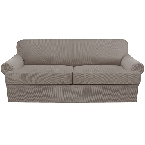 GAMUKAI 3-Piece T-Cushion Sofa Slipcover – Stretch Sofa Cover for T-Cushion Couches (Fits Up to 90" Wide) – Includes 2 T-Shaped Seat Covers + Back Cover (Taupe, Love seat XL)