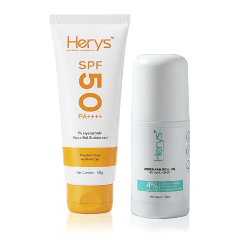 Image of Herys 4% Aha Bha Underarm Roll On | 50Ml + 1% Hyaluronic Sunscreen Aqua Gel SPF 50 PA++++ | 50 g