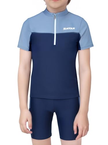 Kids Boys 2Pcs Rash Guard Sun Protection Swimwear Beachwear Short Sleeve Zipper Swim Top and Shorts Set