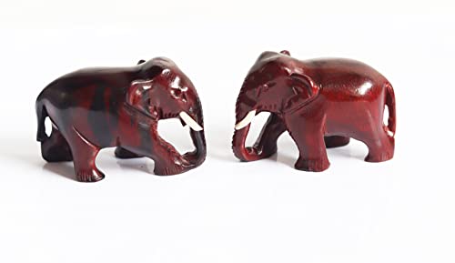 Image of Original Red Sandalwood Elephant Pair Idols Statue Lal Chandan Wooden Down Trunk Murti Figurine for Home Decor - 1 Inches