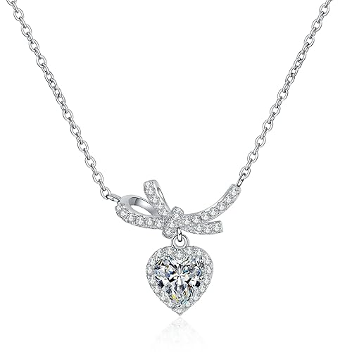 SDGBCXD， Collar con Colgante de moissanita con Lazo for Mujer, 1 quilate, Corte de corazón, Color D, Collar de Plata de Ley VVS1 con Diamantes, Collar de moissanita con Certificado ，Collares