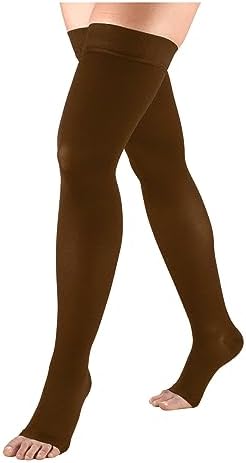 Truform 20-30 mmHg Compression Stockings for Men and Women, Thigh High Length, Dot-Top, Open Toe, Brown, Medium
