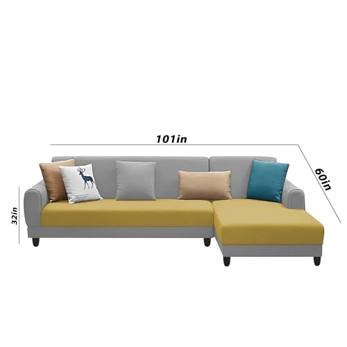 Image of Kraven RHS 6 Seater L Shape Sofa Set for Living Room (Yellow Grey Fabric) Premium Fabric Sofa