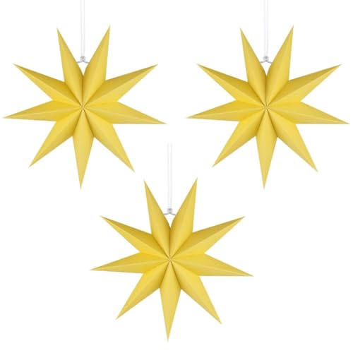 3Pcs Paper Star Lanterns 12 Inch 9-Pointed Christmas Hanging Paper Lampshade for Holiday, Weddings, Birthday Party Celebration Decor (Yellow)