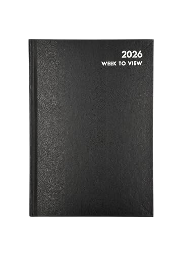Hilltop Supplies Agenda 2025, vista semanal, tamaño A5, color negro, 7 días por 2 páginas, planificador diario, buscador de páginas de cinta, calendario, mapa del mundo, días festivos, tabla métrica,