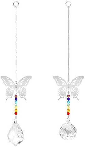 Huayue 2 PCS Crystal Suncatcher Hanging Ornament, Crystal Ball Prism + Maple Leaf Prism, Butterfly Pendants Window Suncatcher Rainbow Sun Chakra Suncatcher with Beads for Window, Garden, Home Decor