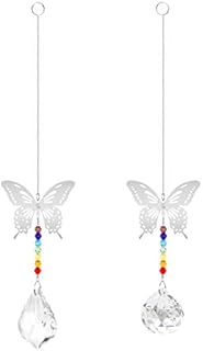 Huayue 2 PCS Crystal Suncatcher Hanging Ornament, Crystal Ball Prism + Maple Leaf Prism, Butterfly Pendants Window Suncatcher Rainbow Sun Chakra Suncatcher with Beads for Window, Garden, Home Decor