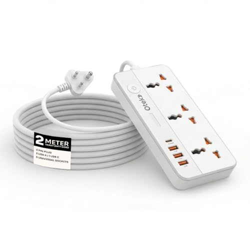 Image of OTEK VoltSafe 331 Extension Board with 3 Universal Sockets,3 USB,1 Type C Ports,2 Meter Cord,2500 Watts,10A,Surge Protector for Home & Office Appliances Abs Body Color White