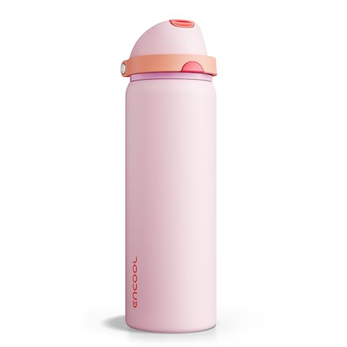 Image of Insulated Water Bottle with Straw - Encool Stainless Steel Water Bottle with Push Button Lid, Leak-Proof & BPA-Free, Keeps Cold for 24 Hours for Sports, Travel, Gym (32 oz, Lily-Red)