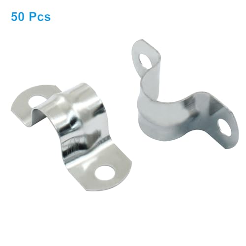 Image of 50 Pack, 3 /8 Inch M10 Rigid Pipe Strap, 10mm, Stainless Steel | Two Hole Cable Strap, U Bracket Conduit Clamp, For Fixing Tube, Cable, Pipe, Silver