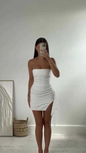 Strapless Homecoming Dresses for Teens Tight Satin Ruffle Slit Short Prom Gown Cocktail Dress4