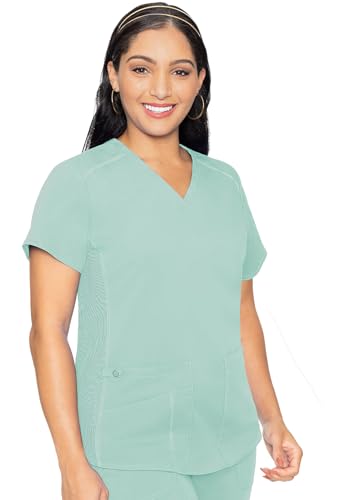 Med Couture's V-Neck Scrub Top for Women with 4 Pockets, Rib-knit Side Panel, and Shirttail Hem MC7459, Sea Mist, L
