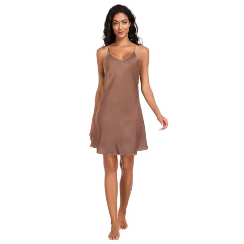Chemise de nuit sans manches marron ajustée courte anti-frottement avec col en V pour femme