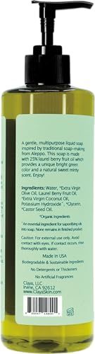 Image of Claya Laurel Berry Aleppo Liquid Castile Soap with Organic Ingredients, Biodegradable, Gentle for Sensitive Skin, Versatile Cleaning (16 fl oz Pump Cap and 64 fl oz)