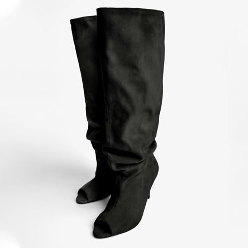 MICIFA Women's Suede Knee High Boots Stiletto Heel Open Boots Pull On Slouchy Wide Calf Boots Fahion Dress Fall Tall Booties2