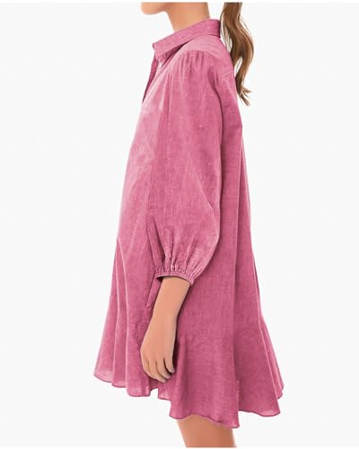 Image of YEXPINE Women Button Down Dress Casual 3 /4 Puff Sleeve Cotton Linen Dress Flowy Ruffle Hem Tunic Shirt Dresses