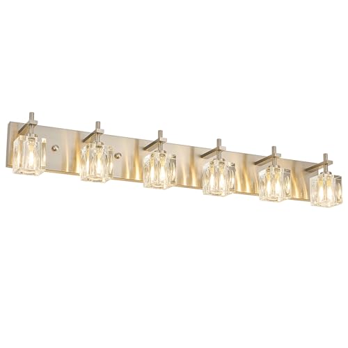 Image of VitaLink 6-Light Crystal Vanity Light, 35.4 inch Long Nickel Bathroom Wall Light Over Mirror Wide Backplate Crystal Wall Light Fixtures for Bathroom