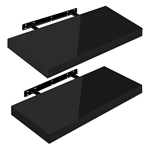 WOLTU Wandregal Volato Set von 2 Regalen Wandboard freischwebend Schweberegal CD DVD Regal Bücherregal Holz Board 50x22,9x3,8cm Hochglänzend Schwarz RG9477sz-2