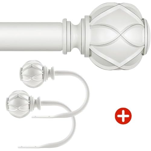 KAMANINA Bundle of 66-120" Curtain Rod and Matched Holdbacks 1 Pair, Netted Texture Finials, Ivory White
