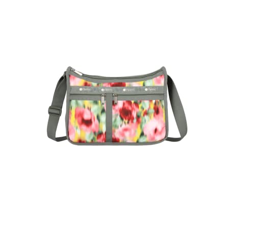 LeSportsac Chasing Flowers Deluxe Everyday Crossbody Bag + Cosmetic Bag, Style 7507/Color E546, Vibrant Tropical Soft Focus Flowers, Bokeh Style Art In Motion, Raspberry, Avocado & Sunny Yellow Blooms