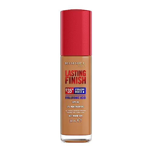 Rimmel London Lasting Finish 35 Hour, fondotinta, lunga durata, idratante, formula vegana, copertura totale, 30 ml, 407 Warm Tan