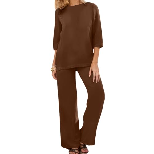 Womens 3/4 Sleeve Cotton Linen Set Summer Casual Wide Leg Pants Suits Loose Solid Two Piece Outfits Trendy Matching Sets