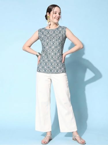 Image of Sleeveless Kurti for Women Pure Cotton Stylish Round Neck Printed Ethnic Short Kurti Jeans Top Casual Office