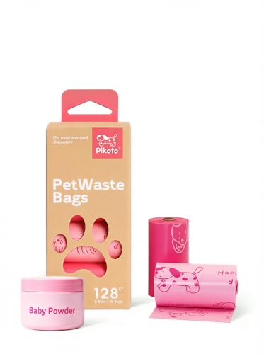 Image of Dog Poop Bags, 128 Count, Baby Powder Scented, Pink | Baby Powder Scented, Extra Thick, 60% Recycled Plastic, Easy-Peel Sticker, 16 Bags Per Roll, Dual Pink Designs