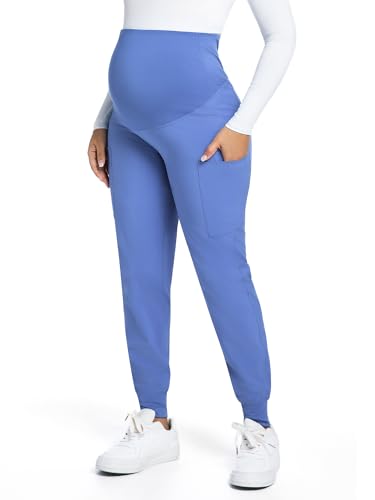 COZYFIT Maternity Scrub Pants - Pregnancy Jogger Pants for Women Workwear with Stretch Belly Panel 4 Pockets Ceil Blue 2XL