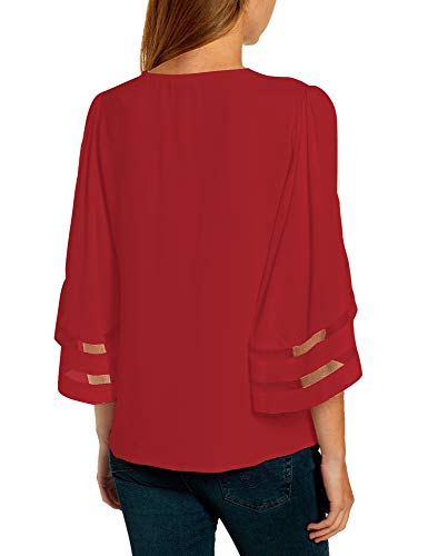LookbookStore Women's V Neck Mesh Panel Blouse 3/4 Bell Sleeve Loose Top Shirt2