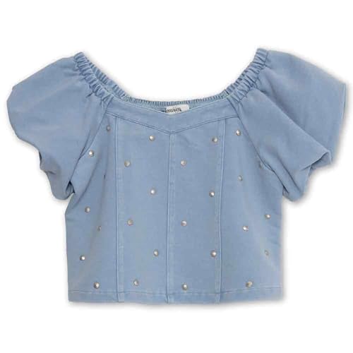 Image of Speechless Girls' Short Sleeve Knit Denim Studded Pullover Top