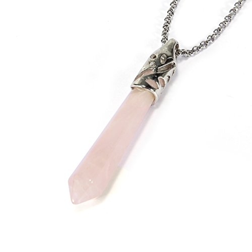 BRCbeads Gemstone Necklace, Rose Quartz Pendant Crystal Hexagonal Healing Point Reki Chakra Unisex Stainless Steel Chain 20 Inch