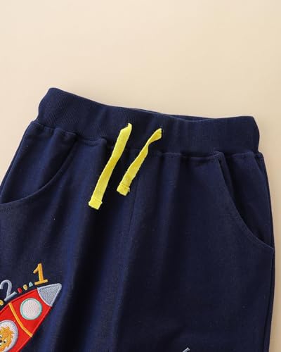 Meufam Toddler Boys Pants Drawstring Elastic Sweatpants Cotton Active Joggers for Kids Cartoon Rocket Print3